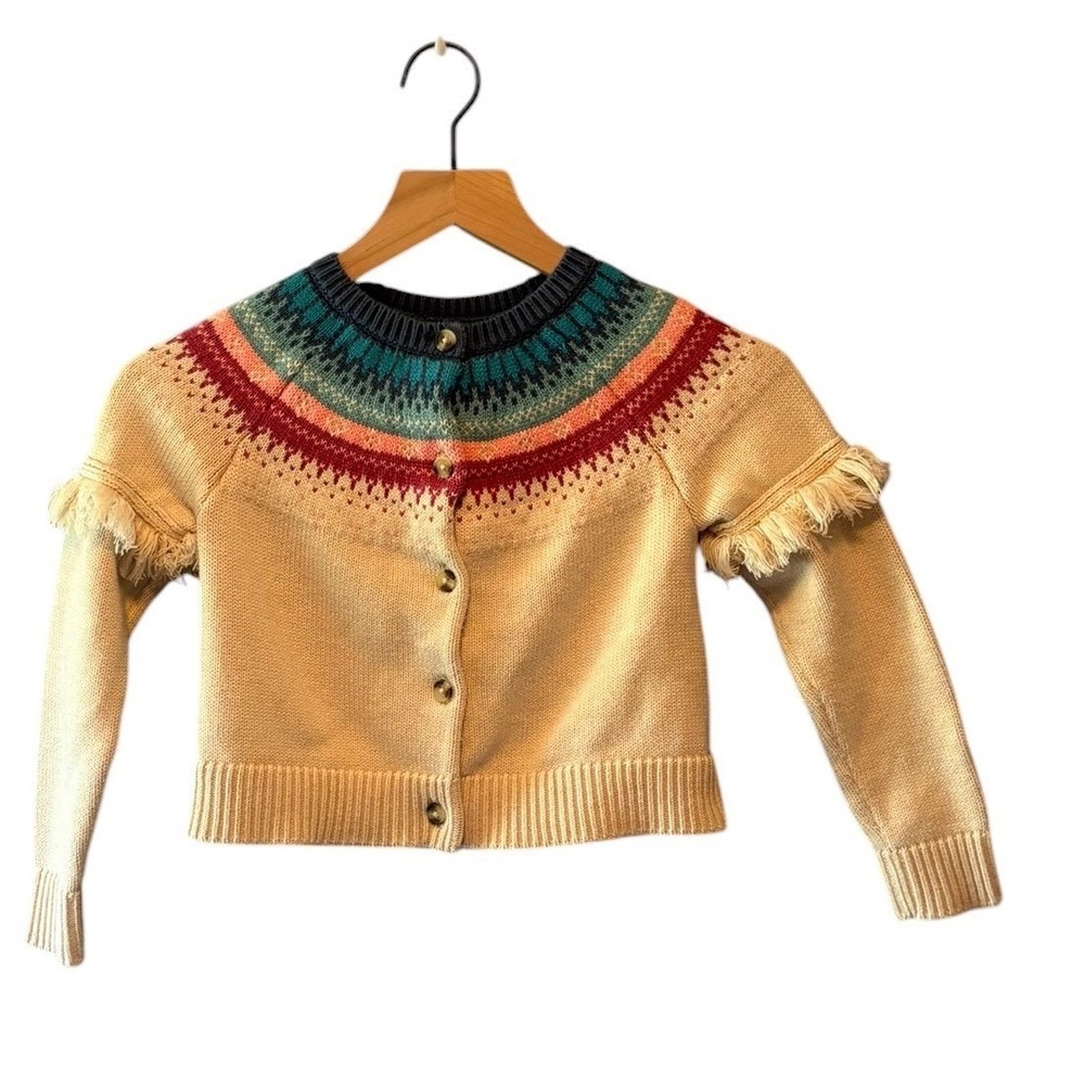Tea Collection Girls M 6-7 Cotton Cardigan Fair Isle Fringe Sweater Cream Multi